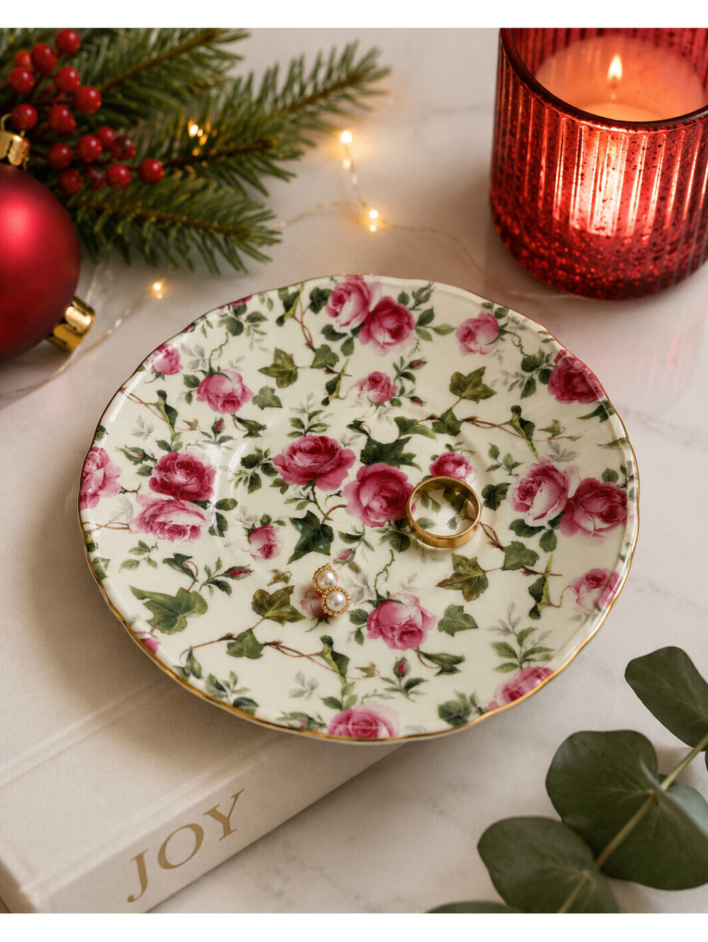Vintage Style Pink Rose Floral Decorative Trinket Dish Plate Gold Trim Jewelry